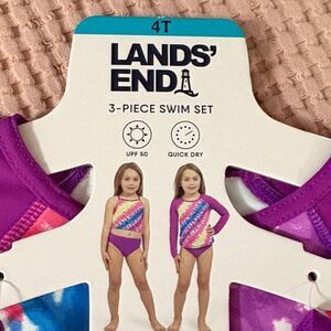 NWT Lands' End Kids 3-Piece Swim Set - Purple and Pink Tye Dye size 4